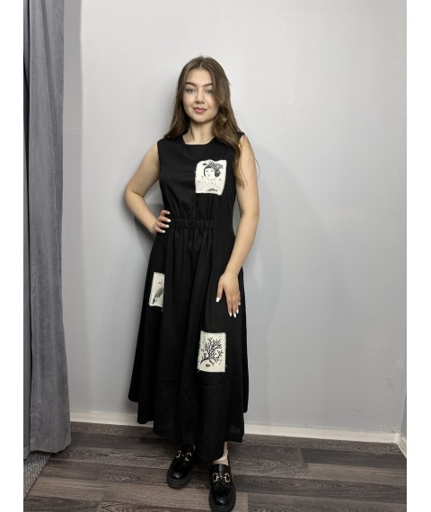 Женское летнее платье из льна чёрное Modna KAZKA MKKC6021-2 42