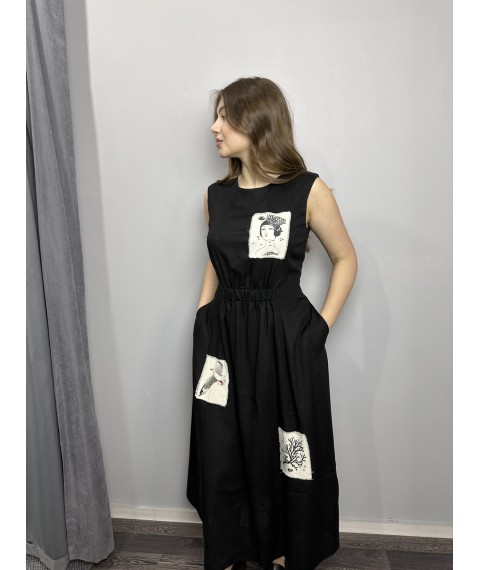 Женское летнее платье из льна чёрное Modna KAZKA MKKC6021-2 46