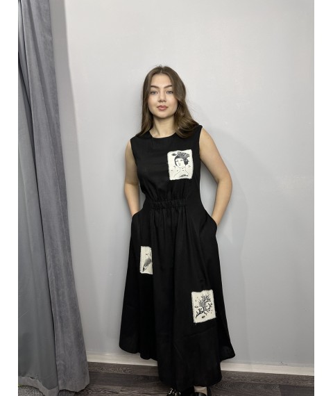 Женское летнее платье из льна чёрное Modna KAZKA MKKC6021-2 48