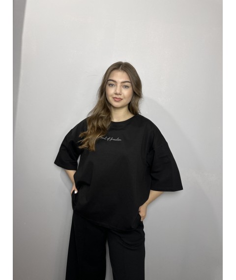 Женская базовая футболка с вышитой надписью черная Modna KAZKA MKRM4173-1 40-42