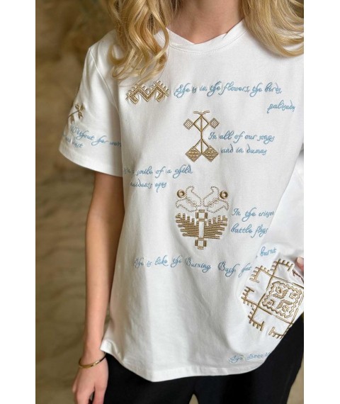 Женская футболка коттоновая белая с этно-принтом KAZKA MKRM4174-1