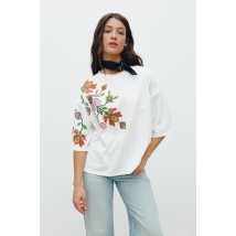 Женская футболка белая с принтом цветочной вышивки KAZKA MKRM4178-1 40-42