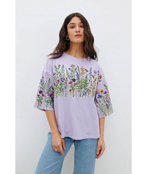 Женская футболка котоновая лиловая с цветочным принтом KAZKA MKRM4176-2