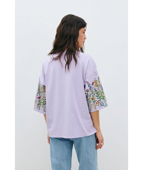 Женская футболка котоновая лиловая с цветочным принтом KAZKA MKRM4176-2