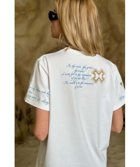 Женская футболка коттоновая белая с этно-принтом KAZKA MKRM4174-1 44-46