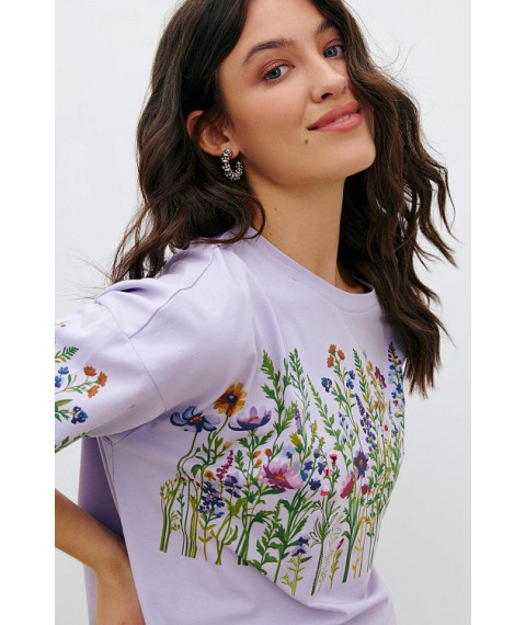 Женская футболка котоновая лиловая с цветочным принтом KAZKA MKRM4176-2 40-42