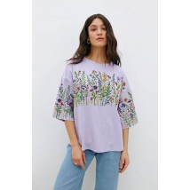 Женская футболка котоновая лиловая с цветочным принтом KAZKA MKRM4176-2 44-46