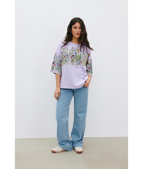 Женская футболка котоновая лиловая с цветочным принтом KAZKA MKRM4176-2 48-50