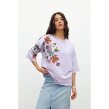 Женская футболка котоновая лиловая с принтом цветочной вышивки KAZKA MKRM4178-2 44-46