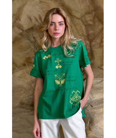 Женская футболка коттоновая зеленая с этно-принтом KAZKA MKRM4174-2 48-50