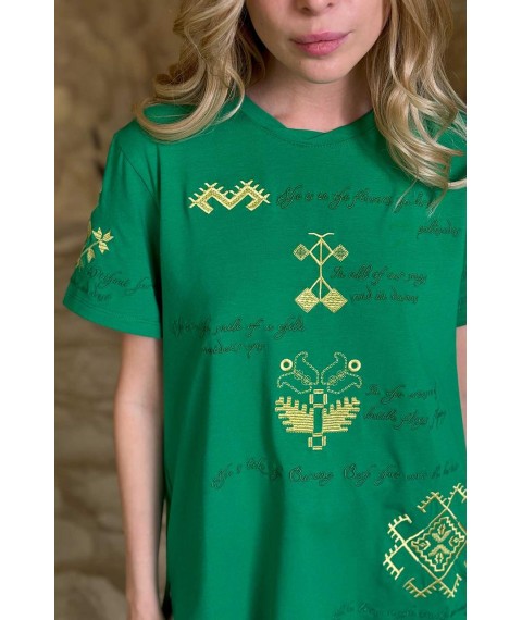 Женская футболка коттоновая зеленая с этно-принтом KAZKA MKRM4174-2 40-42