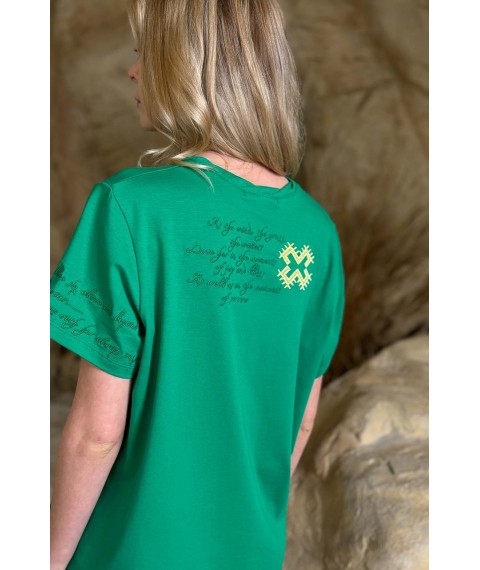 Женская футболка коттоновая зеленая с этно-принтом KAZKA MKRM4174-2 40-42