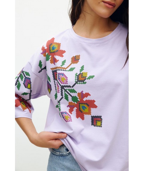 Женская футболка котоновая лиловая с принтом цветочной вышивки KAZKA MKRM4178-2 44-46