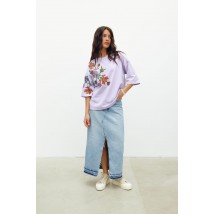 Женская футболка котоновая лиловая с принтом цветочной вышивки KAZKA MKRM4178-2 48-50