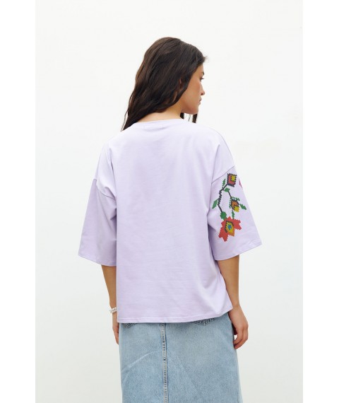 Женская футболка котоновая лиловая с принтом цветочной вышивки KAZKA MKRM4178-2 48-50