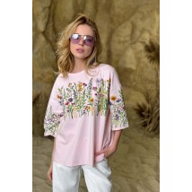 Женская футболка котоновая розовая с цветочным принтом KAZKA MKRM4176-3