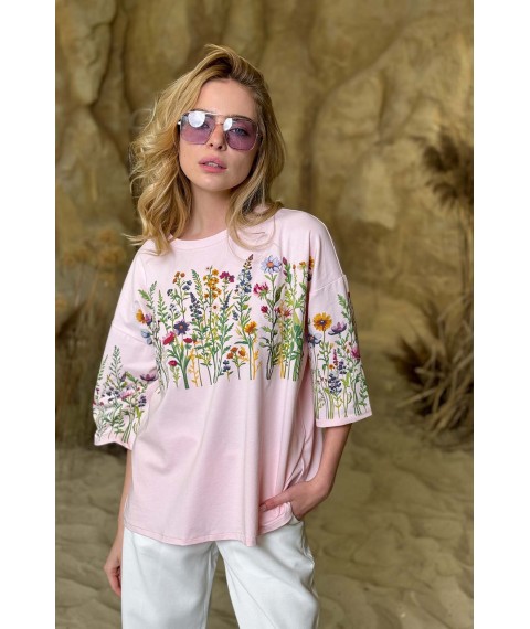 Женская футболка котоновая розовая с цветочным принтом KAZKA MKRM4176-3 44-46