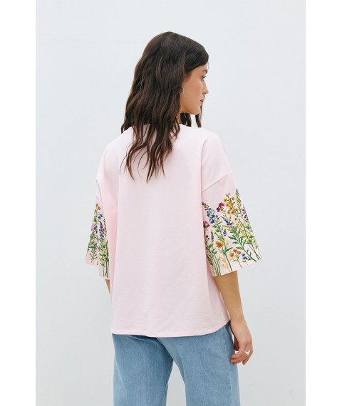 Женская футболка котоновая розовая с цветочным принтом KAZKA MKRM4176-3 48-50