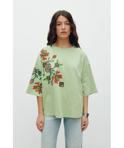 Женская футболка котоновая зеленая с принтом цветочной вышивки KAZKA MKRM4178-3 44-46