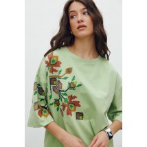 Женская футболка котоновая зеленая с принтом цветочной вышивки KAZKA MKRM4178-3 44-46