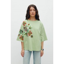 Женская футболка котоновая зеленая с принтом цветочной вышивки KAZKA MKRM4178-3 48-50