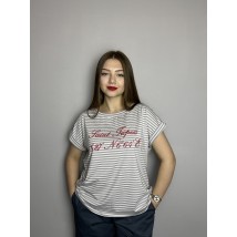 Женская футболка белая летняя в серую полоску с надписью Modna KAZKA MKKC9035-1