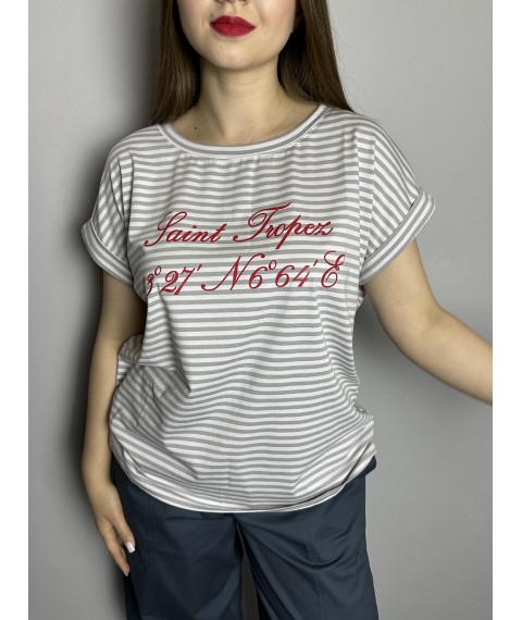 Женская футболка белая летняя в серую полоску с надписью Modna KAZKA MKKC9035-1 44