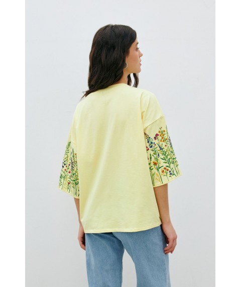 Женская футболка котоновая желтая с цветочным принтом KAZKA MKRM4176-1 40-42