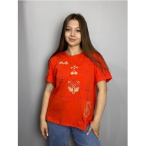 Женская футболка коттоновая оранжевая с этно-принтом KAZKA MKRM4174-3 48-50