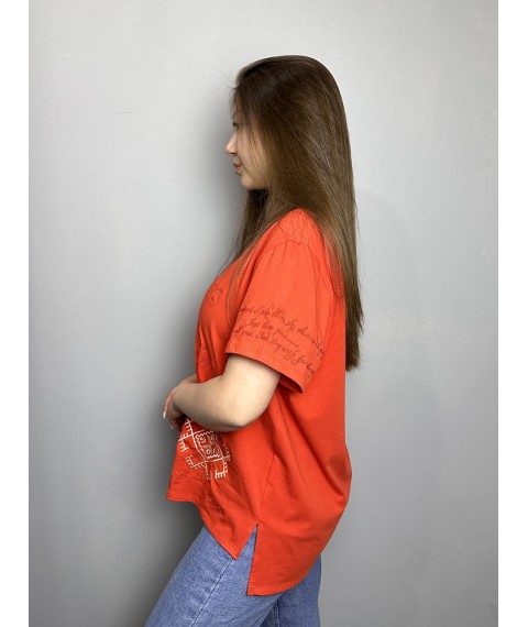 Женская футболка коттоновая оранжевая с этно-принтом KAZKA MKRM4174-3
