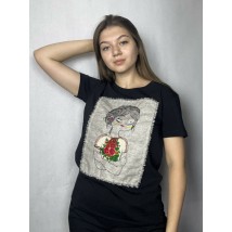 Футболка жіноча літня з патріотичним вишитим малюнком чорна MKNK200428-3
