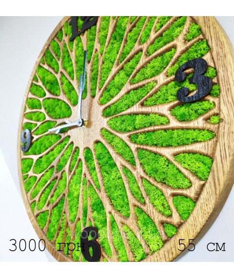 Wooden wall clock with moss diameter 55 cm