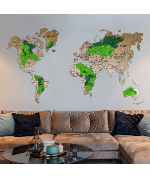 World map from golden oak moss