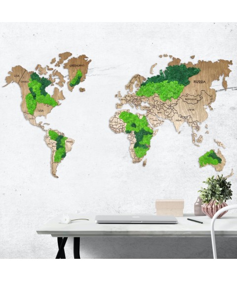 World map from golden oak moss