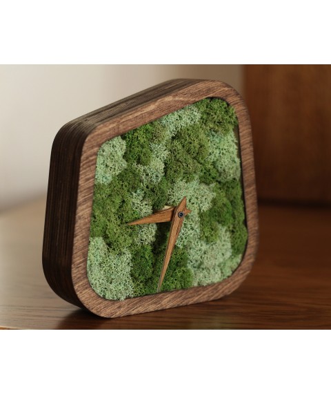 Designer clock with moss and plywood (15 * 15 * 4 cm)