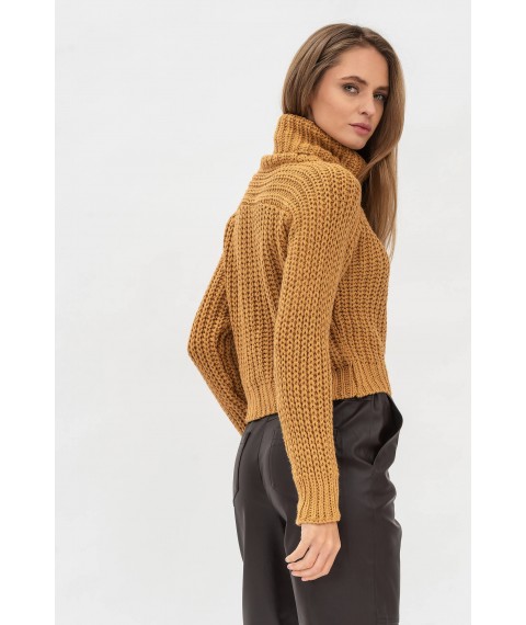 Короткий жіночий светр з оригінальним вив'язом коричневого відтінку 190373