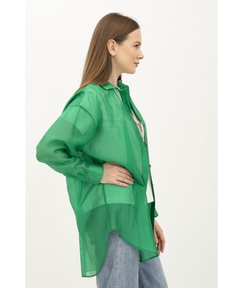 Подовжена напівпрозора блуза зелена в стилі оверсайз Леора