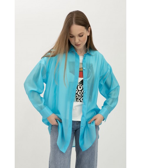 Подовжена напівпрозора блуза блакитна  в стилі оверсайз Леора 01