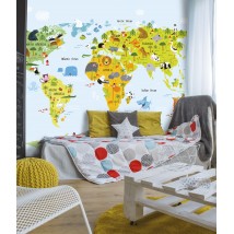 Children's Mural Map of the World in the Room on the Wall Cute Animals Designer Kids Map 155 cm x 250 cm