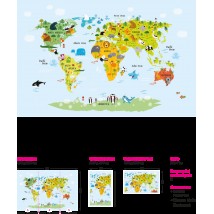 Детское панно карта мира в комнату на стену милые животные дизайнерское Kids Map 155 см х 250 см