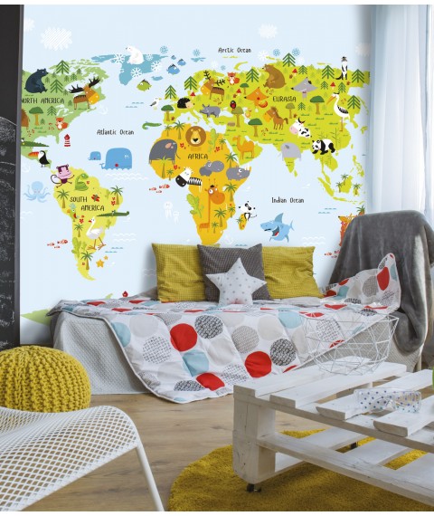 Panel Weltkarte an der Wand im Kinderzimmer niedliche Tiere Design Kids Map 250 cm x 155 cm