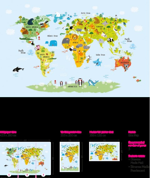 Wandpaneel Weltkarte niedliche Tiere im Kinderzimmer Design Kids Map 433 cm x 280 cm