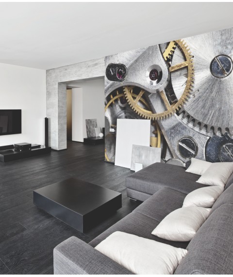 Дизайнерское панно HiTech Clockwork в интерьере гостиной 155 см х 250 см