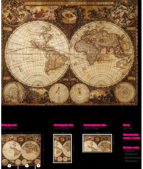 Antike Weltkarte nach L?nderdesign Wandbilder 3D-Relief "Caravel Columbus" 200 cm x 155 cm