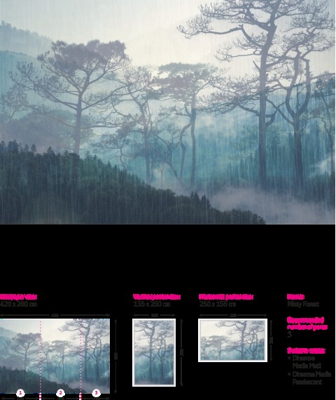 Дизайнерські флізелінові фотошпалери Природа ліс в лоджию, холл Misty Forest 150 см х 150 см