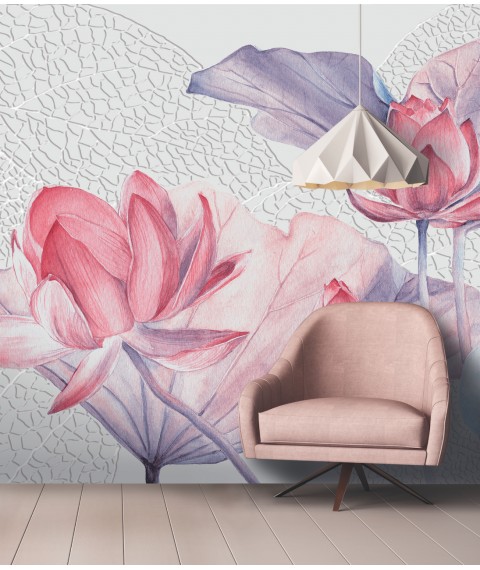 Non-woven wallpaper on the wall in the bedroom, designer Lotus flower Lotus flowers 250 cm x 155 cm