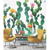 Kunsttapete an der Wand im Wohnzimmer Designer Kakteenzeichnung Kaktus 155 cm x 250 cm