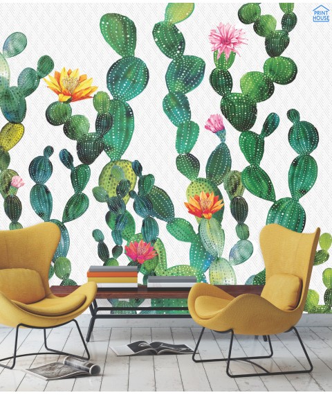 Non-woven art trellis on the wall in the designer's living room Cactus Cactus 310 cm x 280 cm Line