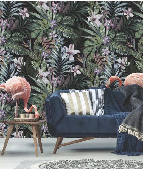 3D murals with relief in the nursery Flamingo Jungle Jungle Flamingo Dimense print 465 cm x 280 cm Leather