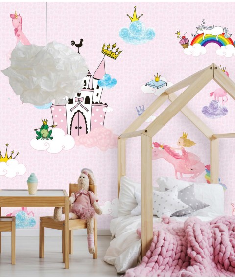 Non-woven wallpaper for girls in the nursery with 3D Princesses Princess Castle 306 cm x 280 cm
